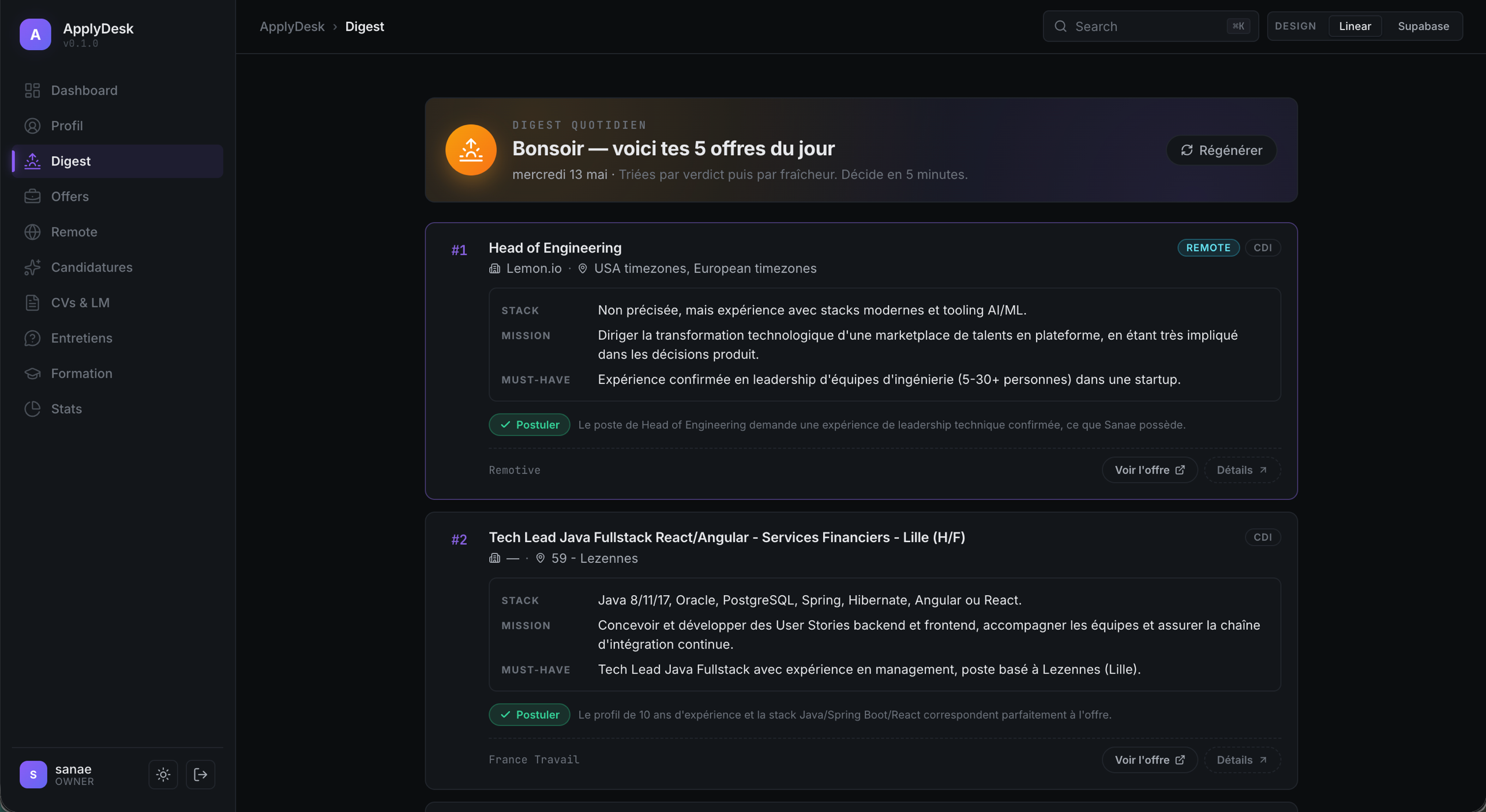 Digest quotidien ApplyDesk avec verdict Postuler par offre