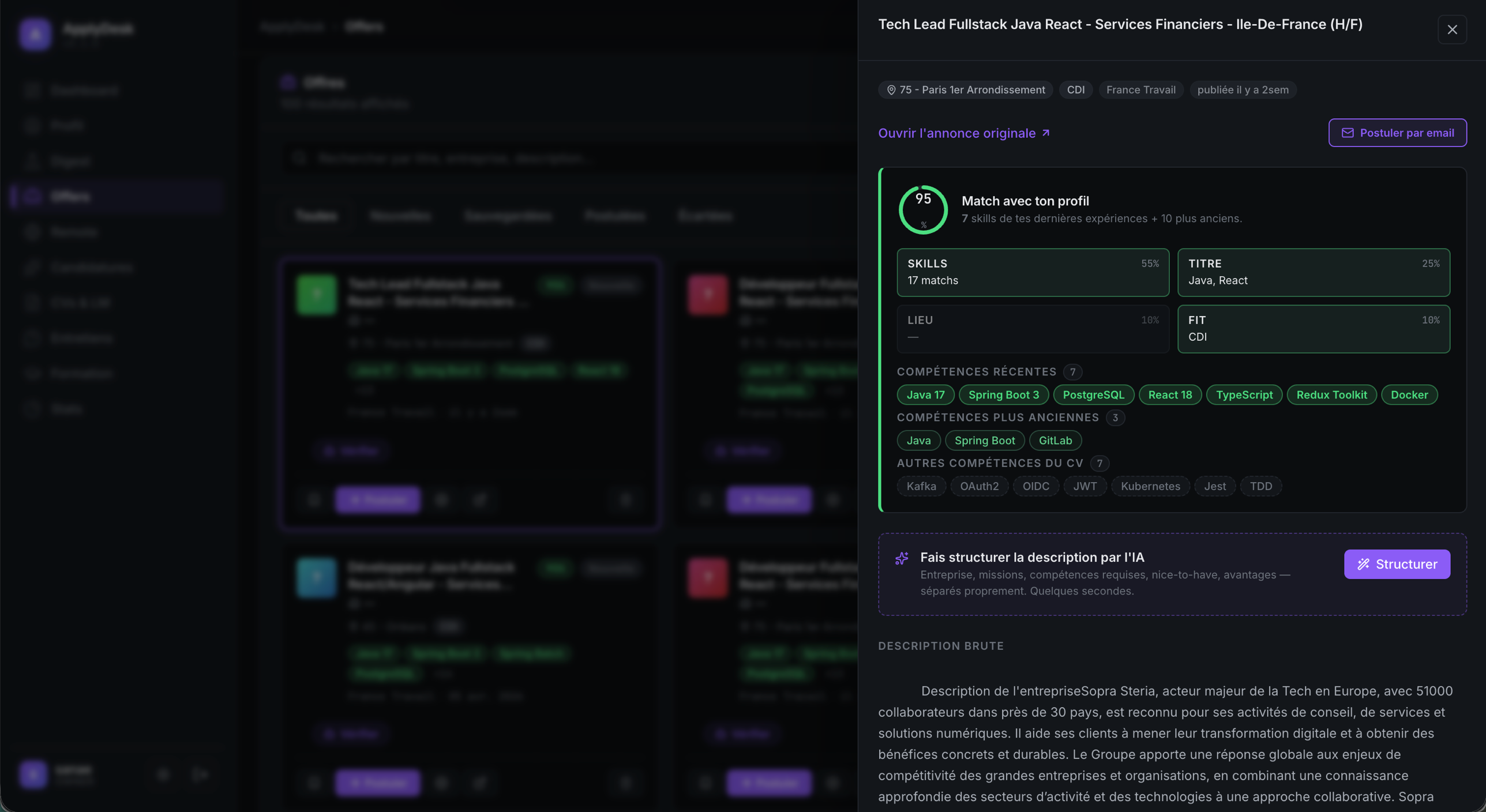 Drawer offre avec score de match 95% et breakdown skills / titre / lieu / fit