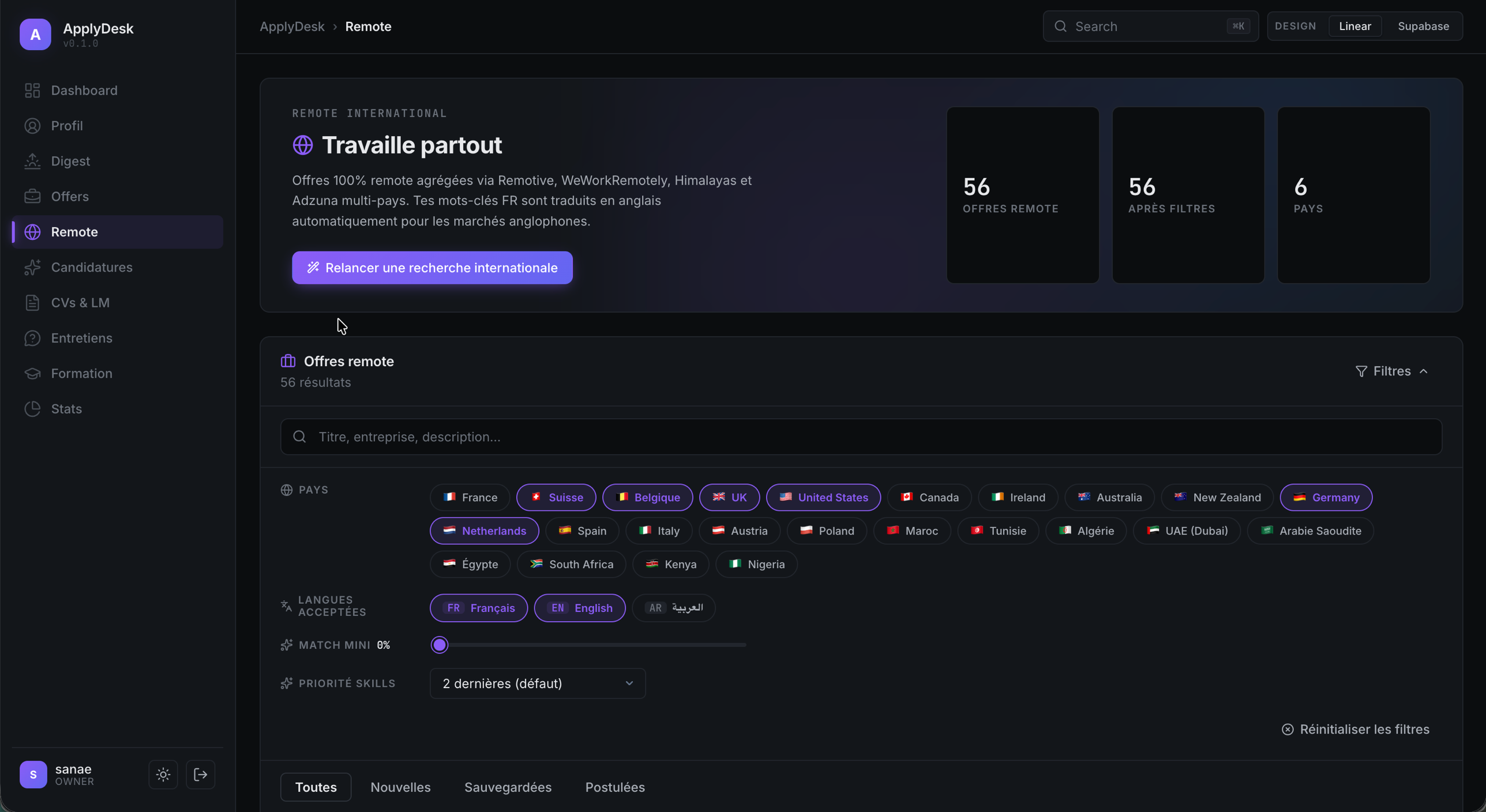 Page Remote ApplyDesk avec sélection multi-pays et langues