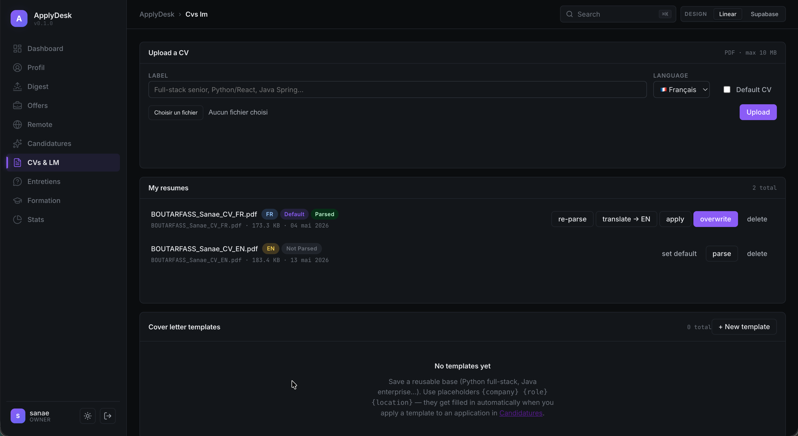 Page CVs ApplyDesk avec CV FR parsé et CV EN en attente